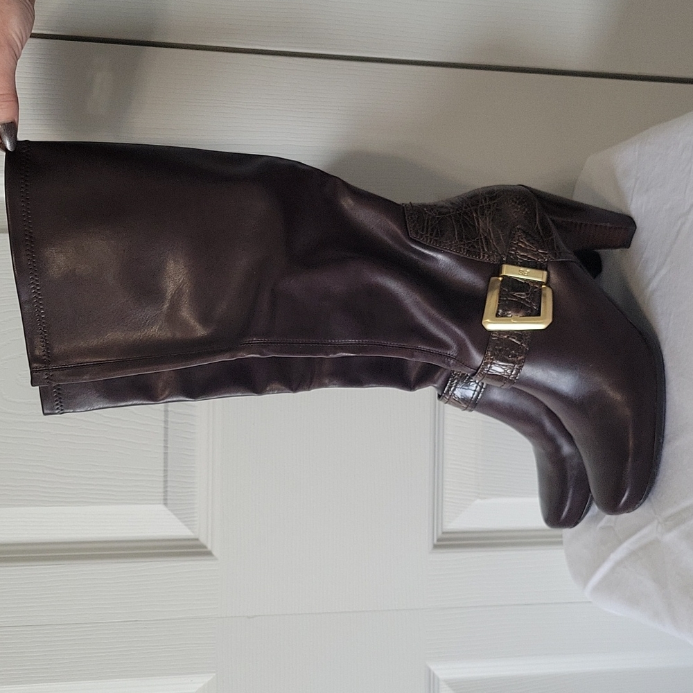 Franco Sarto brown boots with gold buckles and faux gator accents. Size 8
